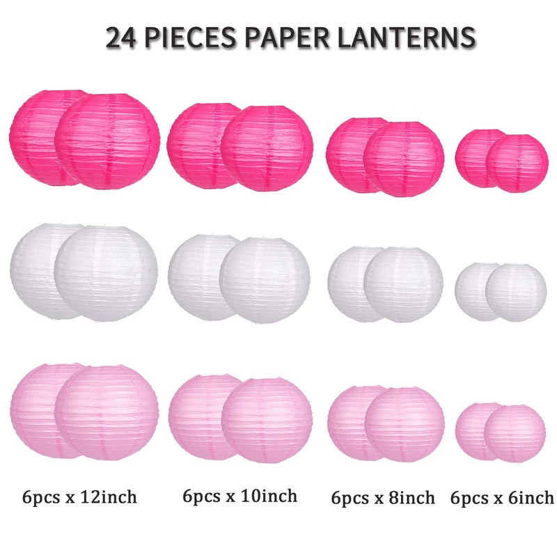 zilue 24pcs Hanging Round Paper Lanterns for Wedding Birthday Party Baby Showers Decoration Pink/White - Image 2